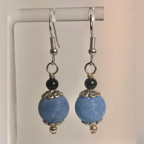 Handcrafted frosted blue agate black onyx and silver beaded earrings. - Picture 1 of 2